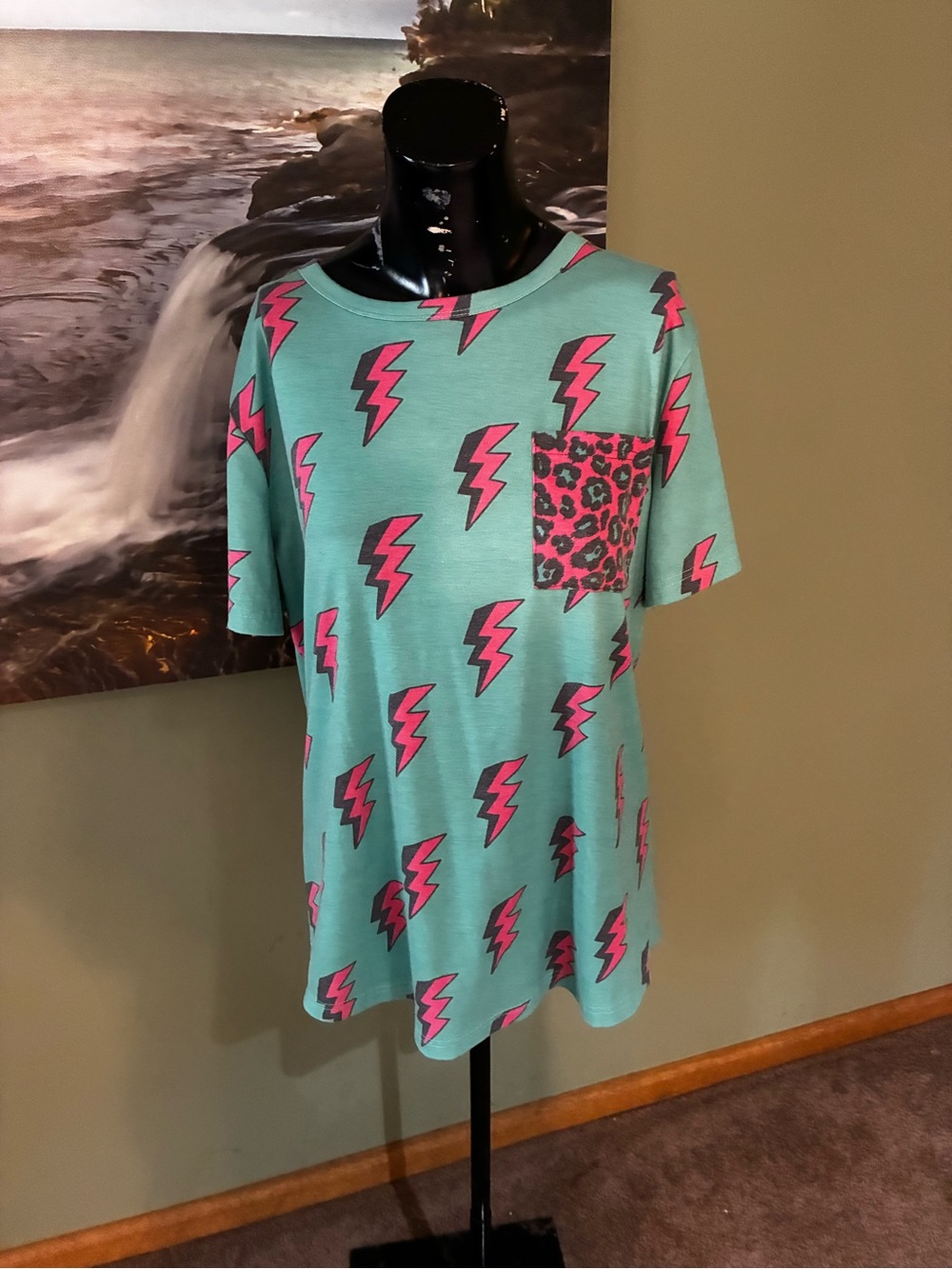 Mint Green Tee with Pink Lightning Bolt Print